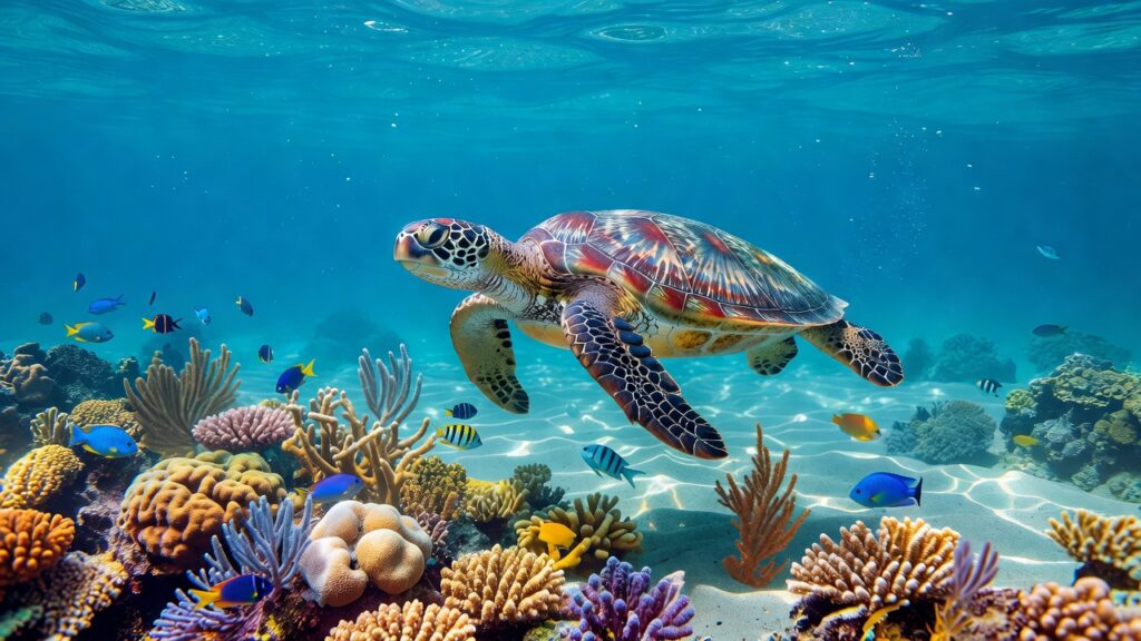 Tortue marine au-dessus d'un récif, eau bleue claire.