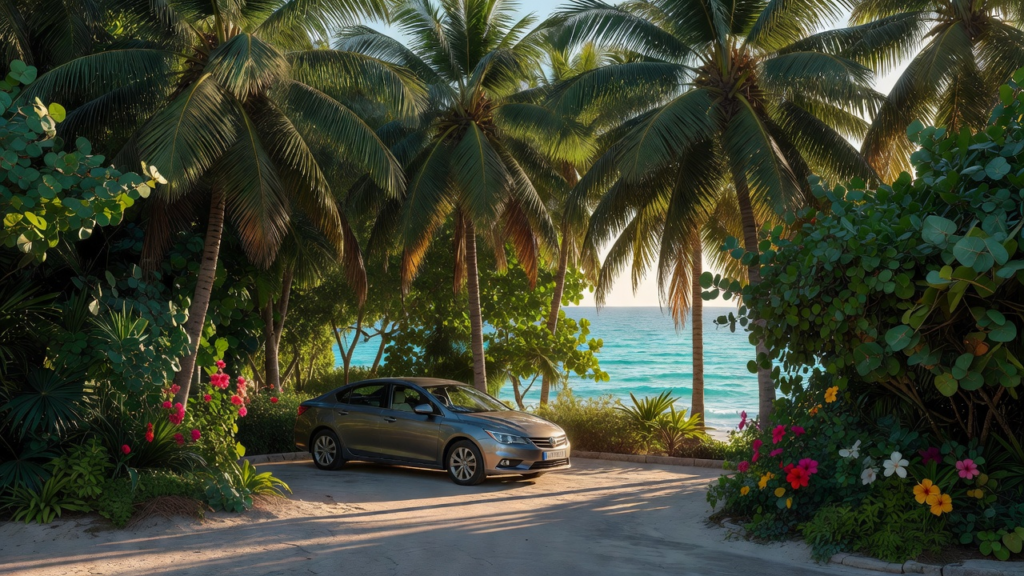 Voiture de location garée sous les cocotiers près d'une plage antillaise avant une journée d'excursion