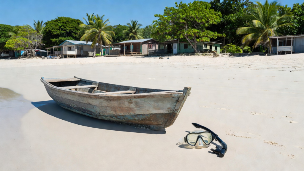 Bateau local échoué sur le sable avec du matériel de snorkeling posé à côté
