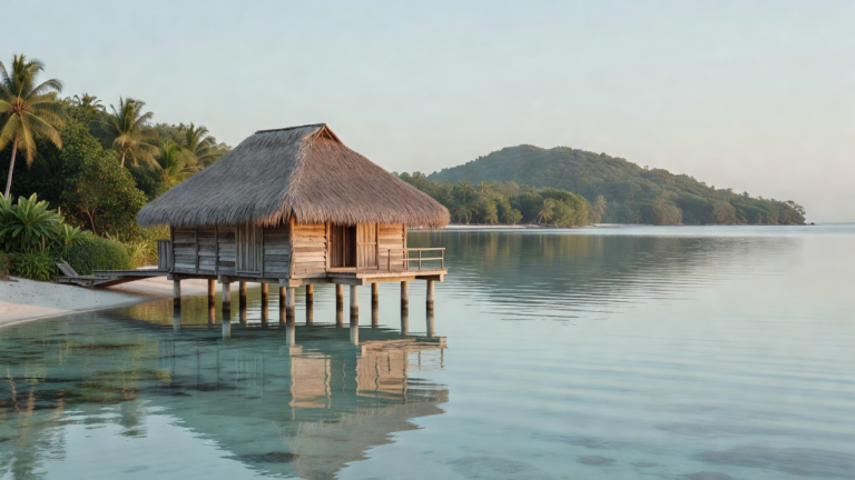 Bungalow sur pilotis dans un lagon clair de Polynésie française, en lumière du matin