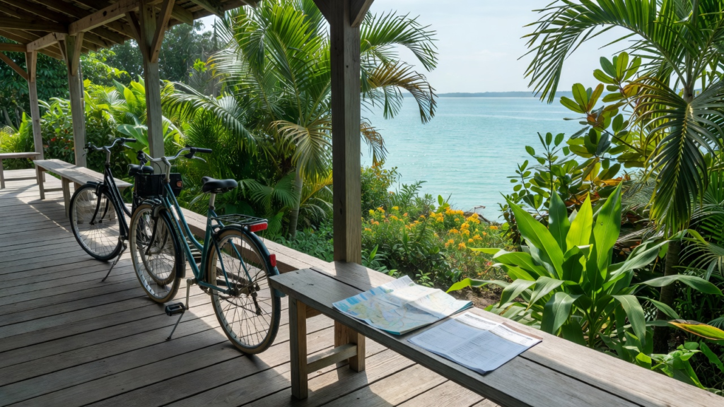 Voyageurs qui vérifient horaires et conditions avant une traversée entre îles aux Seychelles