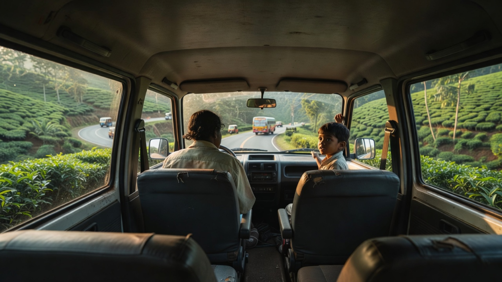Enfants regardant la route de montagne sri-lankaise depuis un van, illustration de la fatigue des transferts en famille
