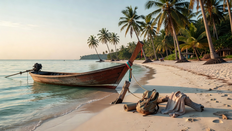 Plage calme en Thaïlande avec un bateau longtail amarré au bord de l'eau au coucher du soleil
