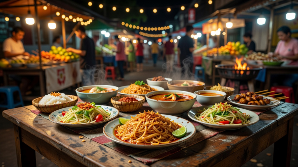 Repas de rue thailandais coloré servi sur une table simple dans un marché de nuit