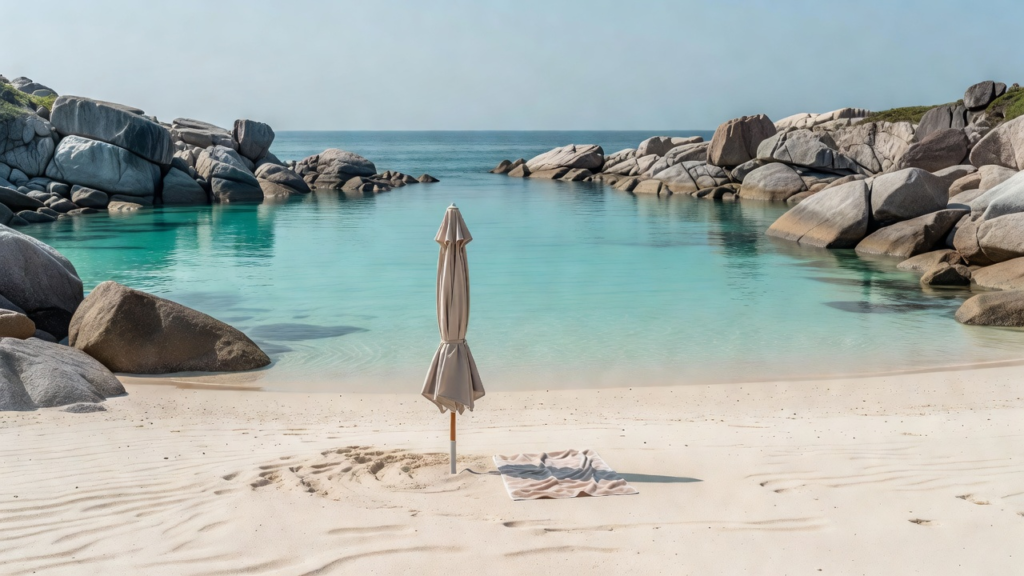 Quatre adultes se préparant à nager sur une plage tropicale en milieu de matinée