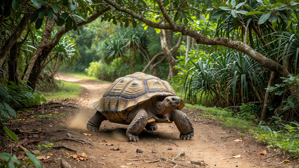 Tortue géante d'Aldabra sur un sentier de terre aux Seychelles, dans une zone naturelle peu fréquentée