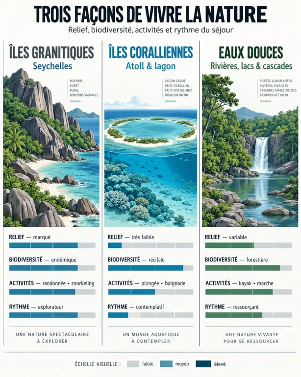 Comparatif des destinations nature : des Seychelles aux eaux douces, entre îles granitiques, lagons coralliens et paysages lacustres