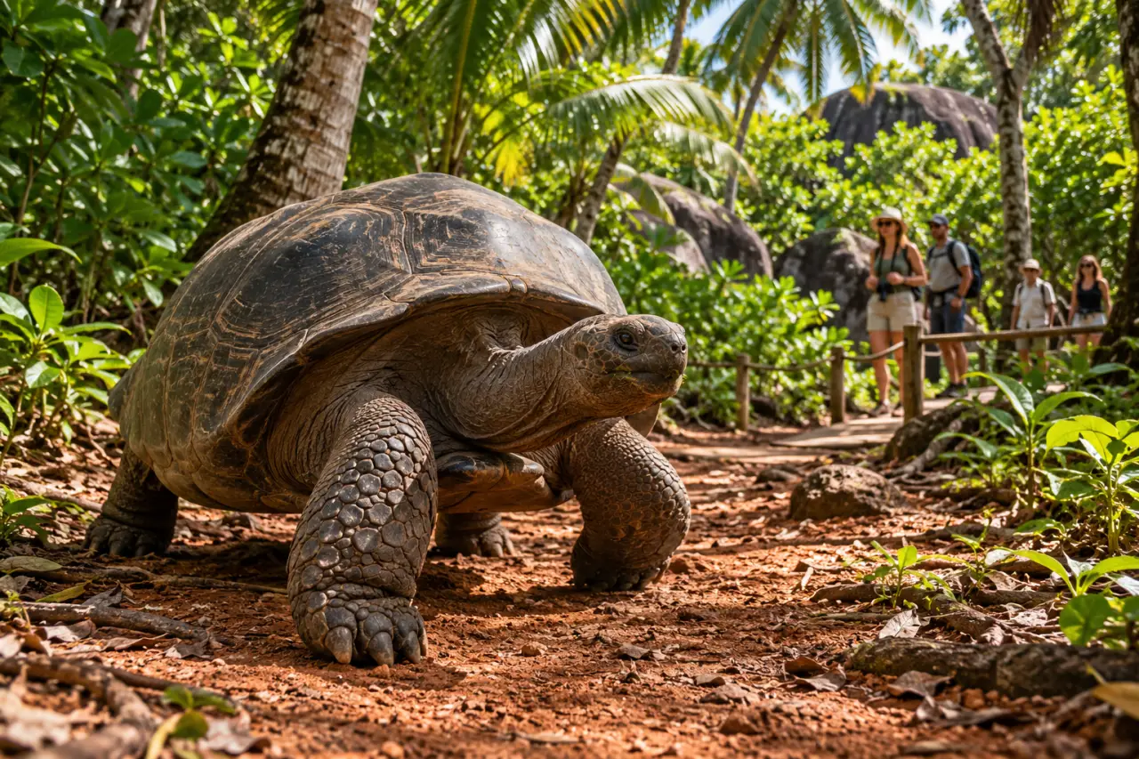 Différence entre tortue géante d'Aldabra et tortue marine aux Seychelles à Curieuse