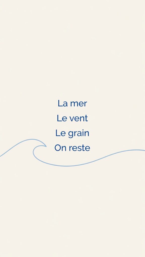 Schéma : la mer, le vent, le grain, on reste.