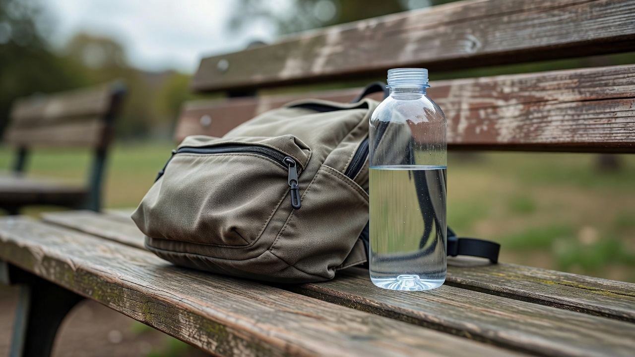 Petit sac fermé et bouteille sans étiquette, sur un banc.
