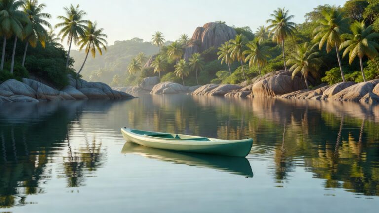 Kayak vide dans une baie tropicale abritée.