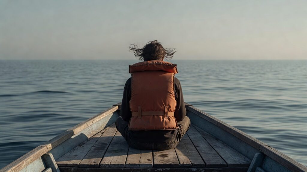 Personne de dos, assise au milieu du pont, gilet sur le dos, regard vers l'horizon.