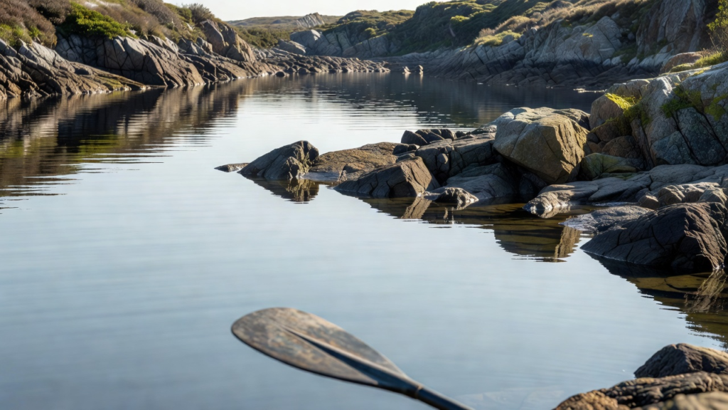 Eau plate dans une crique rocheuse, vue depuis une pagaie, sans nom de bateau.