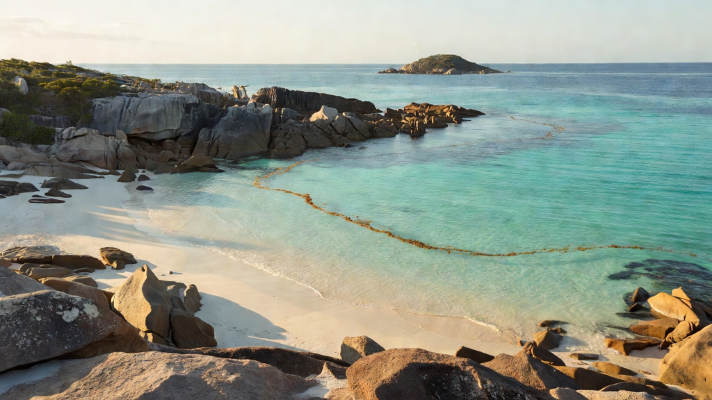 Côte est d'une île seychelloise exposée à la houle et aux algues flottantes